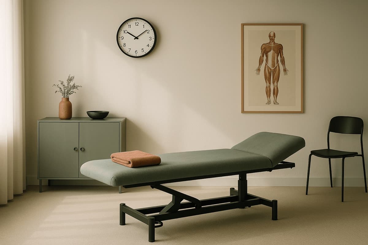 A calm treatment room with a couch, a shelf and a plant