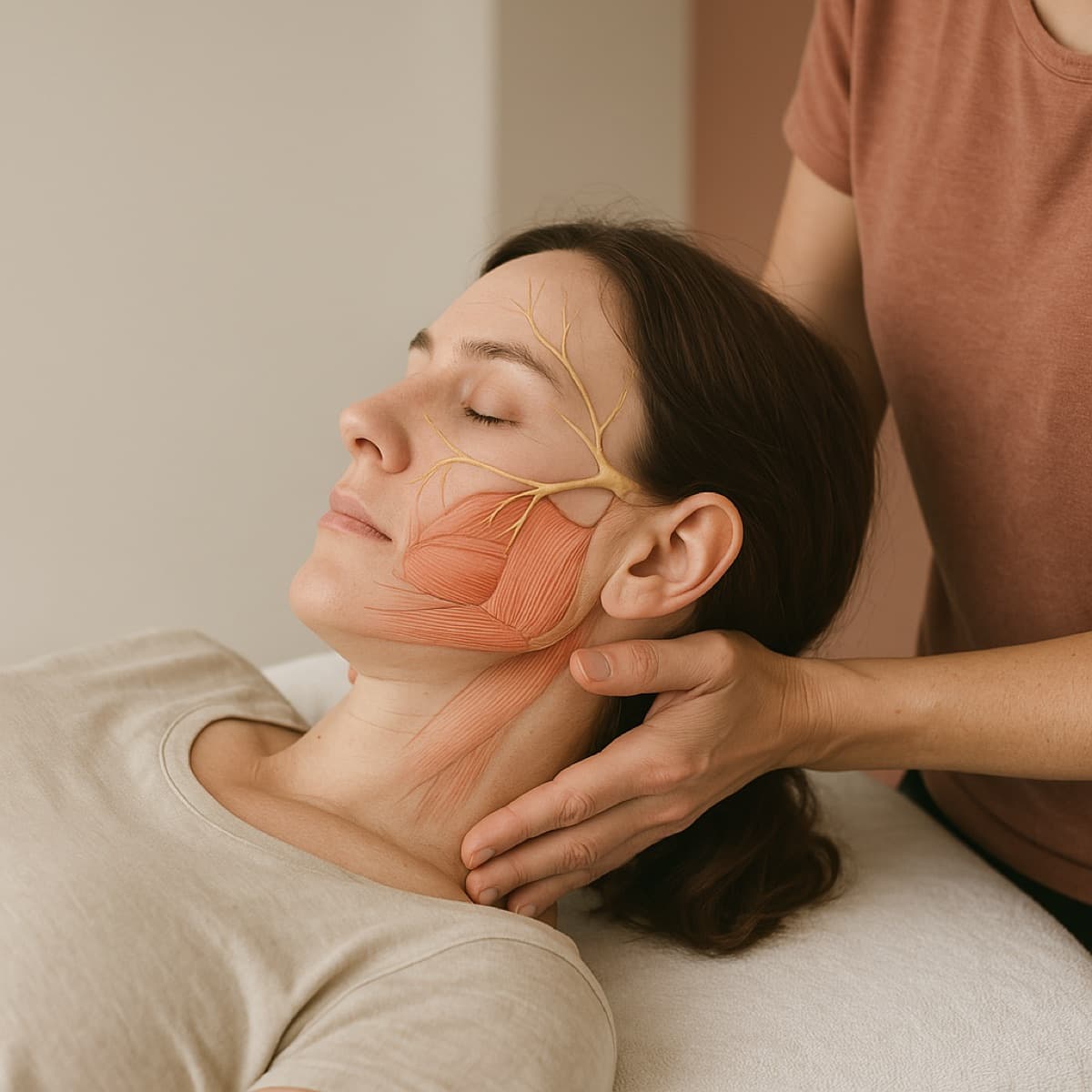 A calm illustration of hands-on treatment around the jaw