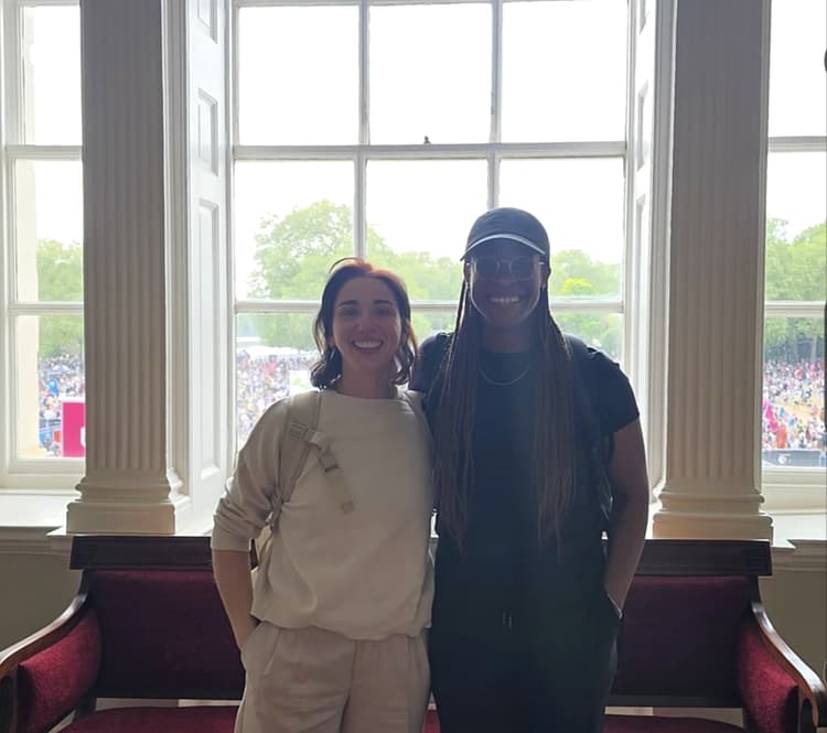Rebecca and Bukky outside Horse Guards, ready for a satellite session