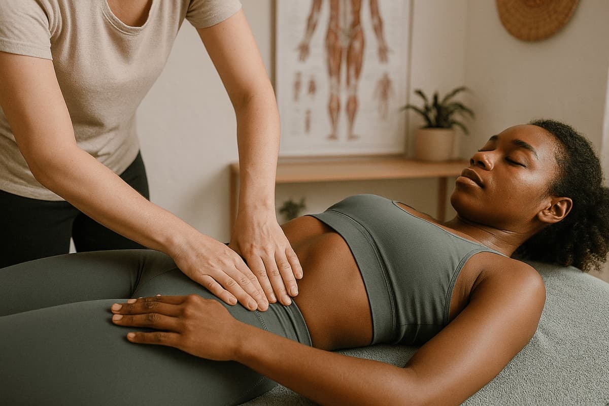 Rebecca treating a client on a treatment couch, with a plant beside it